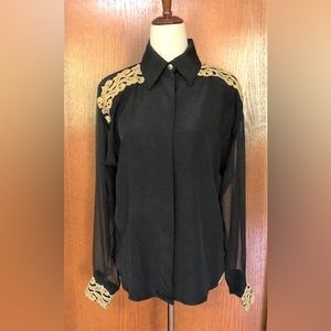 Vintage Black Blouse with Gold Embroidery